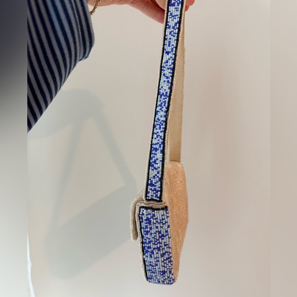 Anthropologie Beige and Blue Embroidered Eye Shoulder Bag - Picture 3 of 6